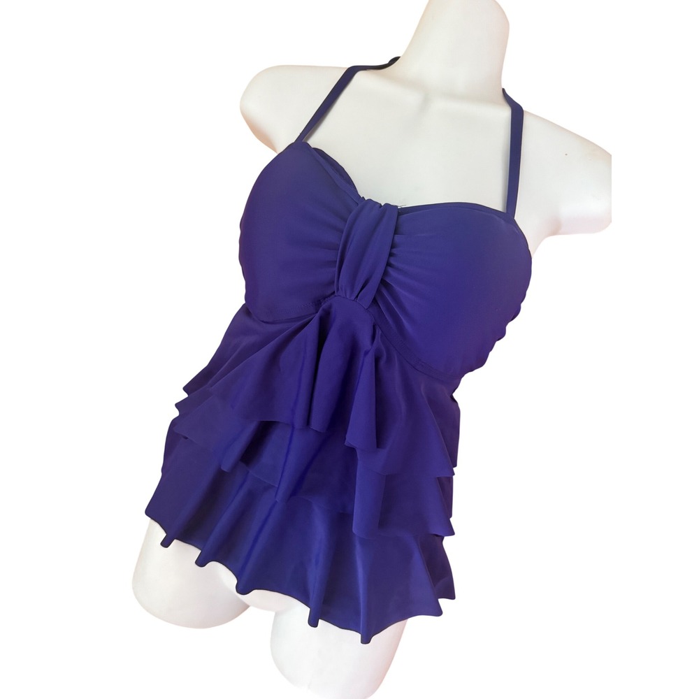 Y2K 2000s Catalina Royal Blue Tiered Ruffle Tankini Swim Top Halter